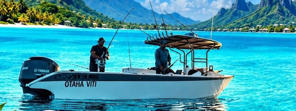 Le bateau Otaha Viti, console centrale avec moteur Yamaha, dans le lagon